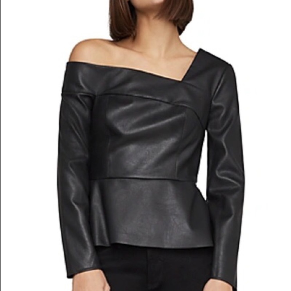 BCBGMaxazria One Shoulder Pleather Peplum Top 4